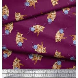 Soimoi Pink Cotton Cambric Fabric Wool & Cat Animal Printed Fabric 1 Yard 42 Inch Wide