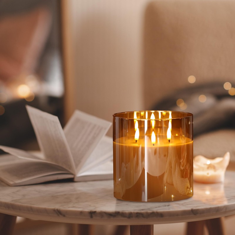Eywamage 3 Wick Gold Glass Flameless Candle with Remote, Large