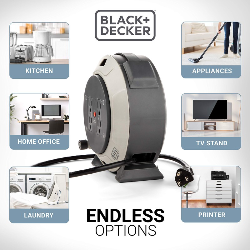 BLACK+DECKER Retractable Extension Cord Reel 20 Ft. With 4 Outlets,