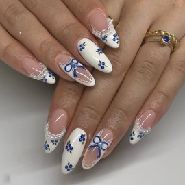 French Press on Nails Almond Medium Fake Nails with Pearl Designs Summer Glue on Nails Blueberries Bow Pattern Design White Acrylic False Nails Kit Full Cover Reusable Stick on Nails for Women 24PCS