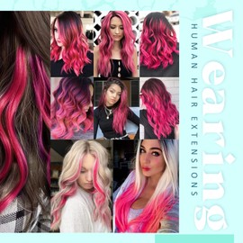 RUNATURE Pink Clip in Hair Extensions Human Hair Clip in Pink Hair Extensions Hot Pink Human Hair Extensions Clip in Real Hair 25g 5PCS