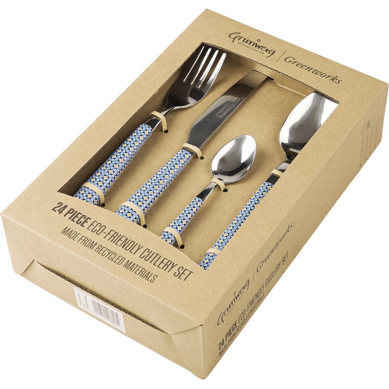 Grunwerg Greenworks 24 Piece Boxed Cutlery Set, Recycled Plastic, Eco-Friendly,
