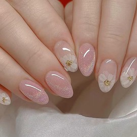 Press on Nails Short Round MABKJLF Fake Nails Pink Full Cover Foil Flower False Nails with Designs Glitter Glossy Glue on Nails Acrylic Nails Artificial Nails for Women Girls 24 Pcs