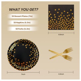 150PCS Paper Plates and Napkins Set - Black and Gold Dot Disposable Party Dinnerware Includes Paper Plates, Napkins, Forks Decorations for Birthdays, Graduations, Weddings and Holidays, Serves 50
