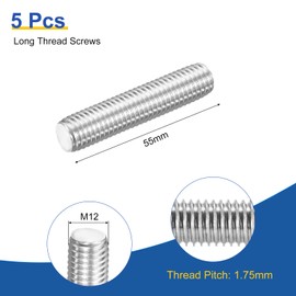 uxcell M12x55mm Fully All Threaded Rod, 5Pcs 316 Stainless Steel Long Threaded Screw 1.75mm Thread Pitch Right Hand Threads for Furniture Mounting Assembly Fastening