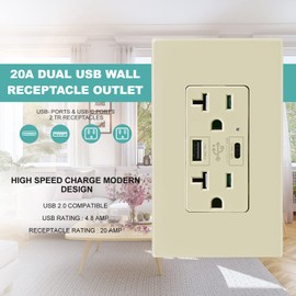 Ivory Outlet with USB C High Speed Charger Type C 4.8A Charging Capability, Child Proof Safety Receptacle 20 Amp, Tamper Resistant w/Wall Plate UL Listed MICMI (USB C Outlet 20Amp Ivory 10pack)