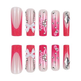 Long Press on Nails Long Square Fake Nails Pink French Tip False Nails with Designs Flower Rhinestones Bow Glue on Nails Glossy Full Cover Acrylic Nails Stick on Nails for Women Nails Decoration 24Pcs