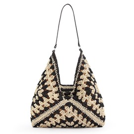 AdiStylinno Straw Hobo Bags for Women, Large Capacity Summer Woven Tote Bag with Button Snap Vintage Foldable Beach Bags Ladies Straw Shoulder Bag for Work Holiday Traveling Shopping Outdoors (Black)