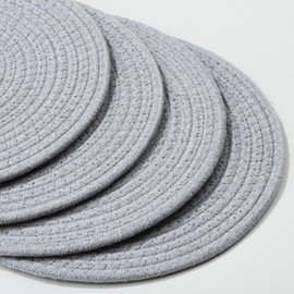 fanquare Set of 4 Round Placemats, Cotton Braided Placemats, Washable Heat Resistant Table Mats Coaster Dinner Table Kitchen(Light Grey, 30cm)
