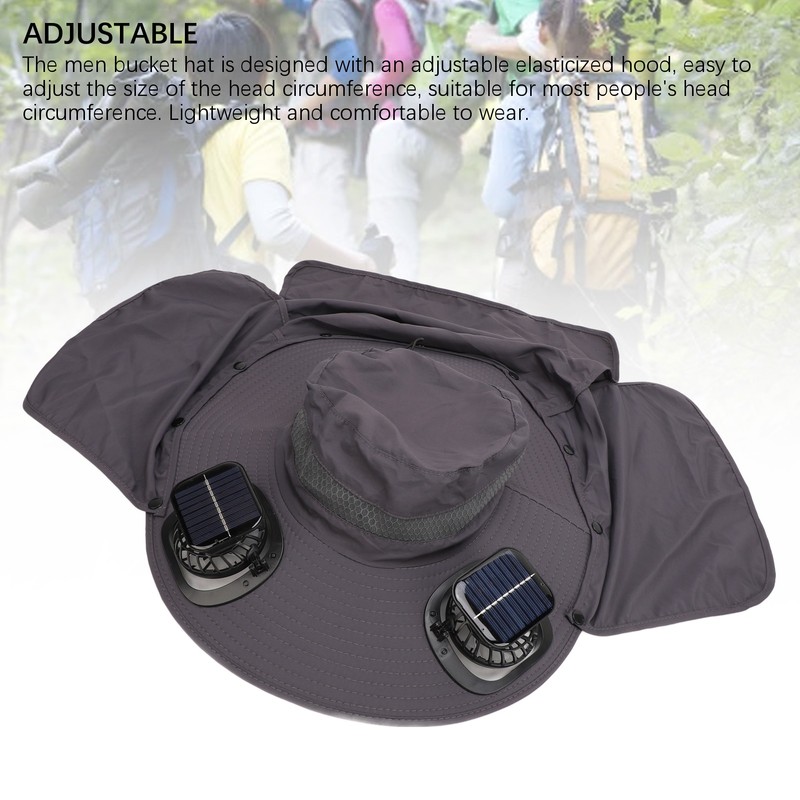Men Sun Hat Solar Powered Rechargeable Fan UPF50 Wide Brim