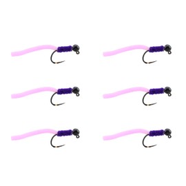 Wild Water Fly Fishing Purple Squirmy Worm Flies Tungsten Bead Head - Size 12 - Pack of 6