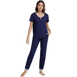 NACHILA Pajamas for Women Short Sleeve Pjs Jogger Pants Pajama Sets Soft Sleepwear with Pockets Navy Blue/Light Heather Grey Medium