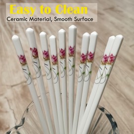 Chopsticks Reusable 5 Pairs Ceramic Chopsticks Dishwasher safe 9.7 Inches (Pink lotus flower)