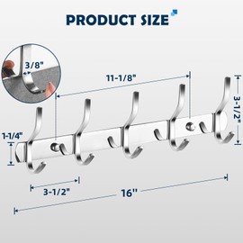 Thickened 304 Stainless Steel Coat Hooks - 16 Inches 5 Two-Hooks Coat Rack Wall Mounted, Rustproof Heavy Duty Coat Rack Wall Mount, Anti-Sliding Towel Hooks, Holding up to 44 lbs, 1 Pack