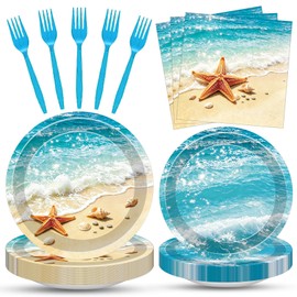 100 Pcs Beach Tableware Set Serves 25 – Disposable Ocean Starfish Paper Plates Napkins Forks, 9 Inch 7 Inch Plates Summer Tropical Coastal Pool Birthday Party Supplies
