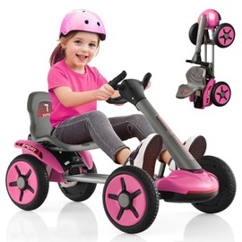 OLAKIDS Go Kart for Kids, 12V Battery Ride On Car with Adjustable Seat and Steering Wheel, Folding Wheel, Detachable Cup Holder, LED Light, Electric Go Cart for Ages 2-5 Years (Pink)