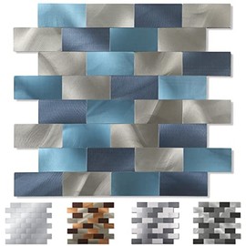 Yipscazo 10 - Sheet Peel and Stick Tile Backsplash for Kitchen, Stainless Steel Metal Backsplash Peel and Stick for Bathroom (12''x12'', Blue)