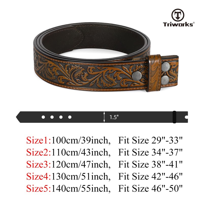 TRIWORKS Western Belt Strap for Men without Buckle 1.5" Wide