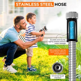 TOFFCAEA 304 Stainless Steel Garden Hose, Water Hose 50FT with 8 Function Nozzle, Tough & Flexible, Lightweight, No Kink, Metal Garden Hose for Yard, Rv, Garden, Outdoor (50FT)