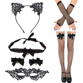 Black Lace Cat Costume Set 6-Piece, Catwoman Costumes Includes Cat Ear Headband Mask Choker Wristbands Gloves and Stockings