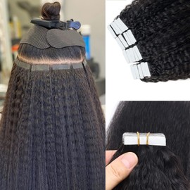 Kinky Straight Double Sided Tape in Hair Extensions for Black Women Semi-Transparent Tape ins Human Hair Extensions 20 PCS 50 Grams Invisible Brazilian Human Hair Tape ins Real Hair Extensions 14 Inch