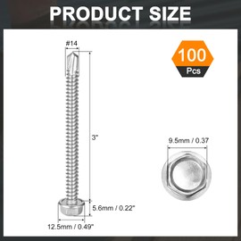 uxcell 100Pcs #14 x 3 Self Drilling Screws, 410 Stainless Steel Self Tapping Screws for Metal, Hex Washer Head Sheet Metal