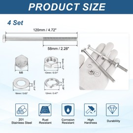 PATIKIL M8x120mm Hex Bolt with Nuts Flat Spring Lock Washers, 4 Set Stainless Steel Hexagon Screw Bolts Partial Coarse Thread Metric Bolt Assortment Kit