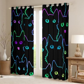 Cartoon Cat Curtain for Bedroom Children Pet Cats Darkening Window Dreapes Cute Kitten Neon Light Blackout Curtains(30%-50% ) Decor 3D Animal Cat Lover's Window Treatments (2 Panels, 38 x 54 Inch)