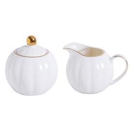 PRECITIME White and Gold Porcelain Sugar Bowl and Creamer Set - 12oz Lidded Sugar Pot & 10oz Milk Jug with gold rim, Elegant Tea and Coffee Accessories, Table Decor and Gift