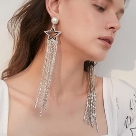 Xerling Long Rhinestones Boho Statement Fringe Chandelier Tassel Earrings Crystal Star Dangle Earrings for Women Pearl Stud Wedding Silver Earrings, Metal Silver Pearl