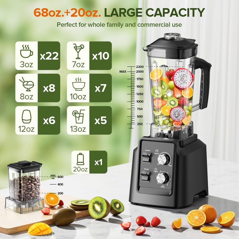 Blender, 1800W Blender with Grinder - 6-Blade Professional Smoothie Blenders