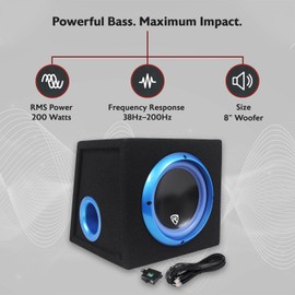 Rockville RVB8.1A 8 Inch 300W Powered Car Subwoofer/Sub Enclosure Box, 4-Ohm, Compact Design, Deep Bass, Wired Bass Remote, for Car Audio Enthusiasts