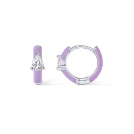 PAVOI 14K Gold Plated Sterling Silver Posts Enamel Earrings for Women | Colored Enamel Cubic Zirconia Huggie Hoop Earrings | Blue Pink Purple White Enamel Jewelry, White Gold - Purple Enamel, Cubic