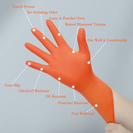 VASTWALL Nitrile Gloves,Orange Disposable Gloves, 8 Mil, Box of 100 Latex and Powder Free, Raised Diamond Texture Heavy Duty Work Glove(M)