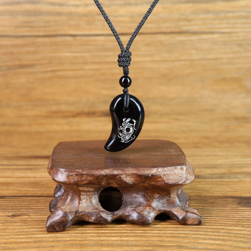 COAI Silver Carved Onyx Household Amulet Evil Protection Magatama Amulet