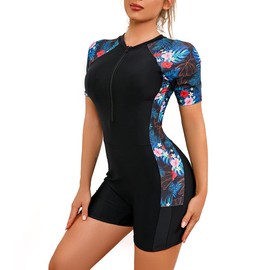 ABEHIK Women's Rash Guard Short Sleeve One Piece Swimsuit Zipper Printed Patchwork Surfing Sun Protection Boyleg Bathing Suit UPF 50+ Athletic Swimwear Wetsuit Black Yellow S