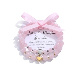 JSDDE Mother Daughter Bracelets Set Rose Quartz Crystal Bracelet with Heart Charm Gemstone Bracelet for Women Girls Long Distance Wish Bracelets Jewelry Gift