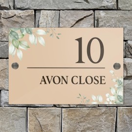 Badgemaster Modern Desert Beige House Number Sign Plaque Stainless Steel Standoffs 20cm x 13cm Green Flowers