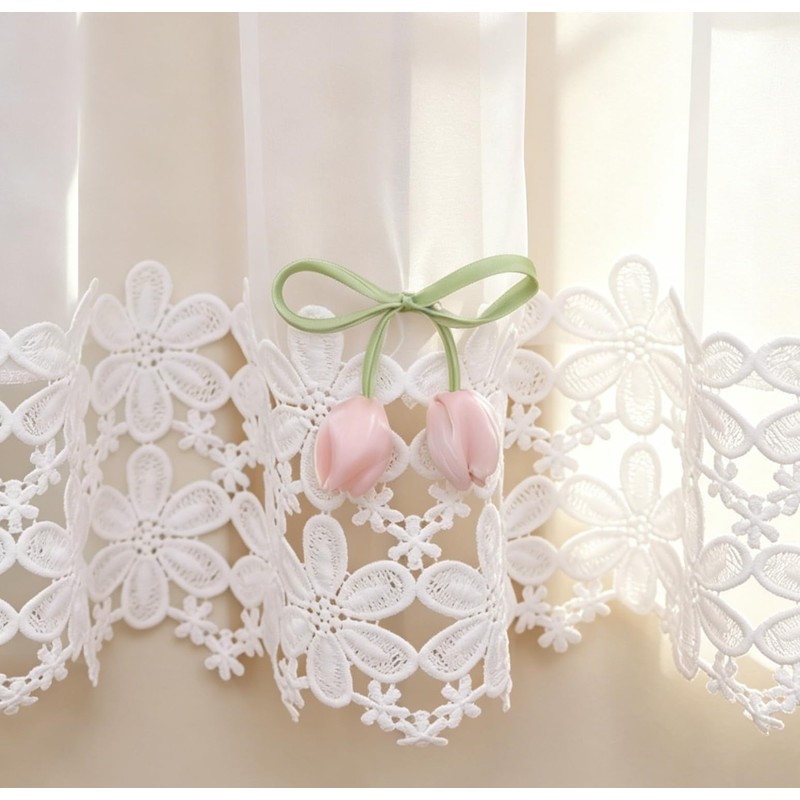 White Sheer Valance Lace Trim Pink Tulip Decor Farmhouse 60W