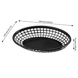 JAPCHET 50 PCS 24 x 15.5 x 4.7cm Black Fast Food Baskets, Plastic Oval Serving Basket for Burgers, Sandwiches, Fries