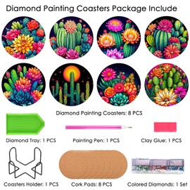 TDOOW Diamond Art Painting Coasters 8 Pcs Colorful Cacti Diamond Art Coasters Kit DIY Coasters for Cups with Cork Pads & Metal Holder