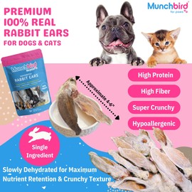 Munchbird Munchbird Dehydrated Rabbit Ears 100g (3.5 oz) 12-15 pcs for Dogs & Cats, European Furry Rabbit Ear Natural Fiber for Dogs, Rawhide Free Alternative to Pig Ears for Dogs, Ear Size Varies