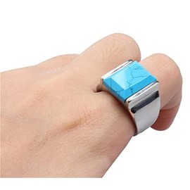 PAURO Men's Stainless Steel Square Gem Stone Turquoise Ring with Polished Silver Side Green Size P