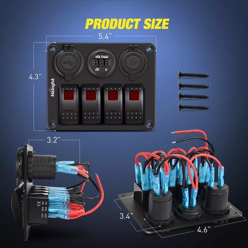 Nilight Led Rocker Switch 4 Gang w/ Usb Charger Voltmeter