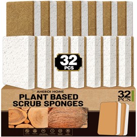 Aheroi Natural Dish Sponge, 32 Count FSC Certified Plant-Based Biodegradable Compostable Kitchen Sponges for Dishes Bulk, Organic Eco Friendly Cleaning Sponge for Bathroom, Household, Non Scratch