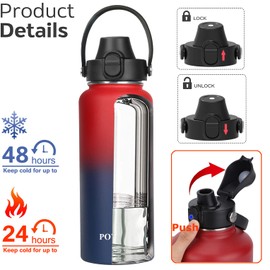 Water Bottle Insulated 32 oz Straw and Spout & 3 Lids, Leak Proof, Vacuum Insulated,Wide Mouth for Sports, Gym or Office, BPA-Free Keep Cold 24H Hot 12H