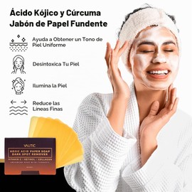 VALITIC Hojas de jabón limpiador de ácido kójico de cúrcuma, jabón de papel corrector de manchas oscuras, 100 hojas exfoliantes faciales de tamaño de viaje con vitamina C, retinol, colágeno, paquete de 2