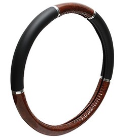 OxGord Auto Steering Wheel Cover with Anti-Slip Backing and Grips - Leather - Tan Wood Grain