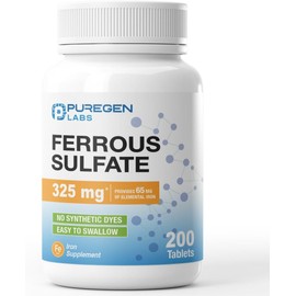Puregen Labs Ferrous Sulfate 325 mg (65 mg Elemental Iron) High Potency Iron Supplement | No Artificial Color Additives - 200 Tablets Made in USA