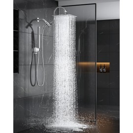 All Metal Dual Shower Heads Combo with Curved Extension Arm, 10" Rain Shower Head with Handheld Spray, Square Adjustable Rainfall Showerhead System, 71" Extra Long Shower Hose, Chrome